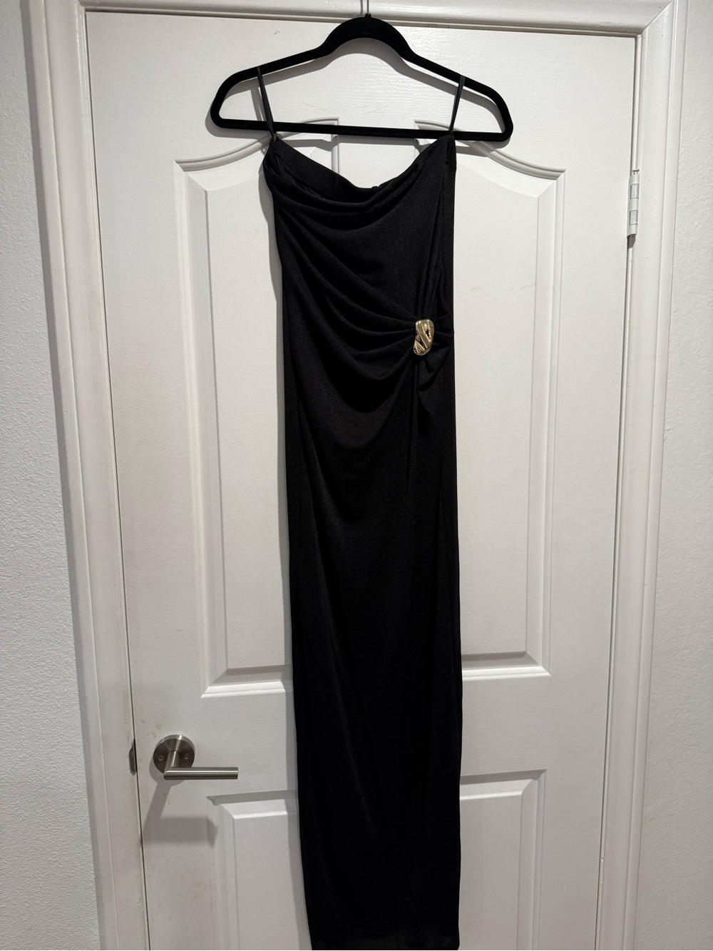 JLUXLABEL Black Strapless Draped Gold Hardware Maxi Dress Size S NWT